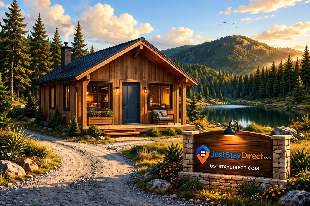 Lakeside cabin with Just Stay Direct sign at golden hour